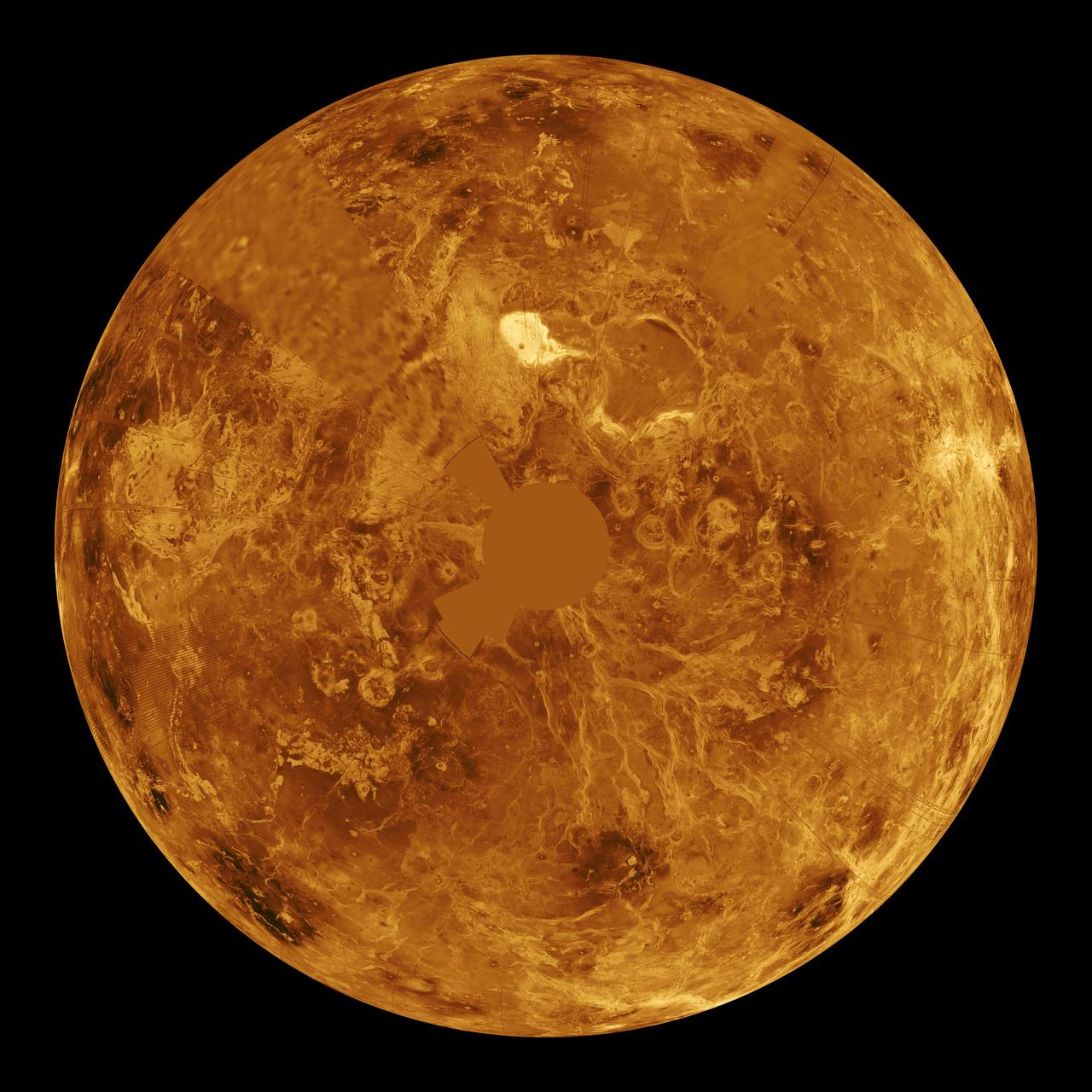 Venus — NASA/JPL Magellan radar mosaic of the planet's volcanic surface, normally hidden beneath thick clouds